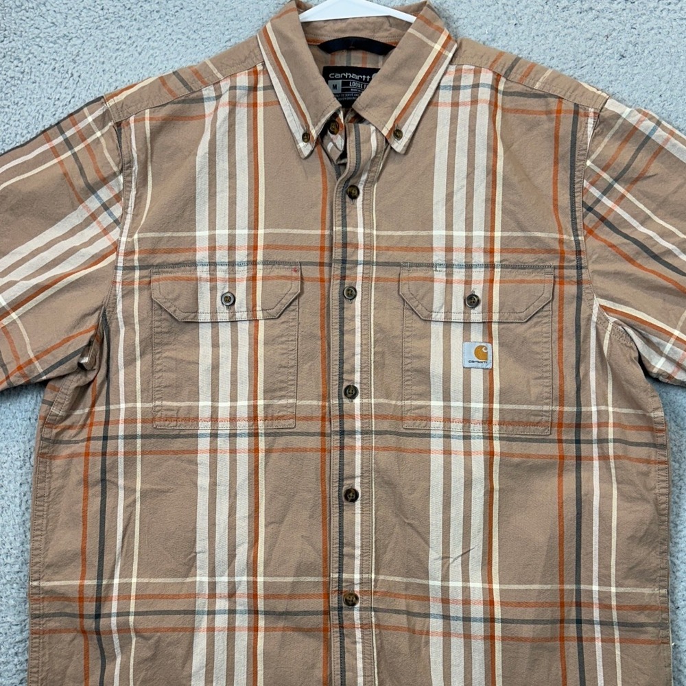 Carhartt Shirt Men Medium Loose Fit Brown Tan Plaid Button Down Short Sleeve EUC